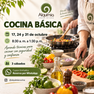 Cocina básica · 17, 24 y 31 de octubre de 2026 — afiche de Alquimia Cocina Estudio