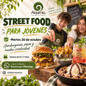 Street Food para jóvenes · 20 de octubre de 2026 — afiche de Alquimia Cocina Estudio
